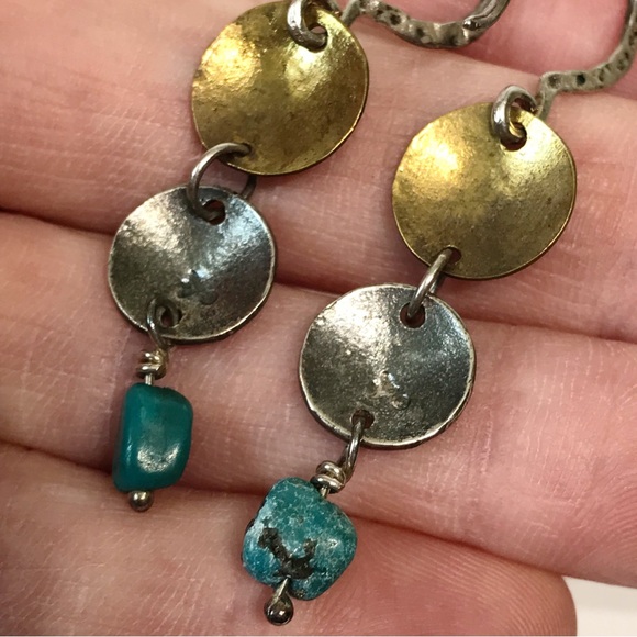 Signed Silpada Sterling Silver Brass Drop Disk Brutalist Turquoise Earrings 925 - Picture 11 of 14